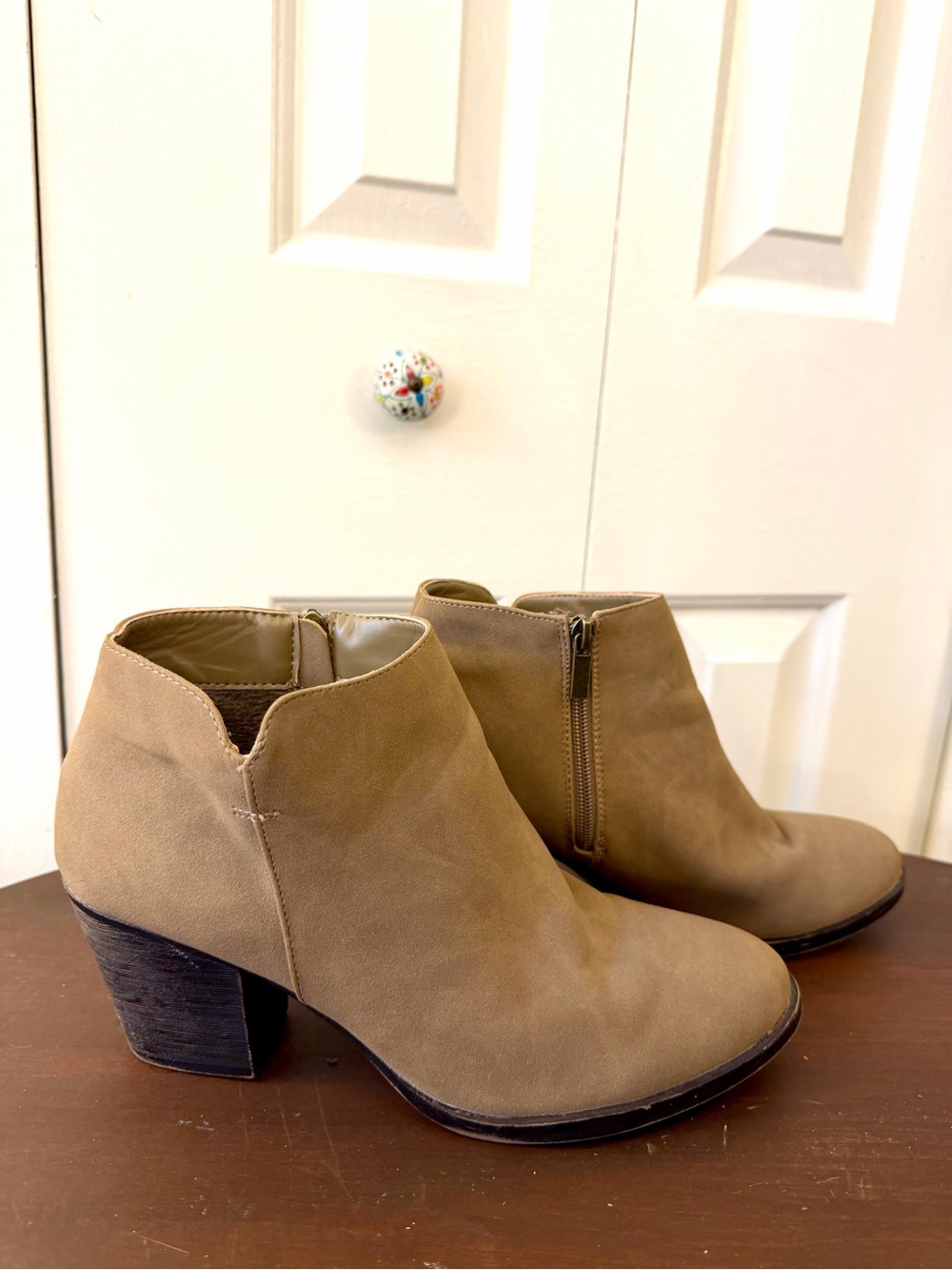 Women's Tan Suede Ankle Booties with Block Heel
